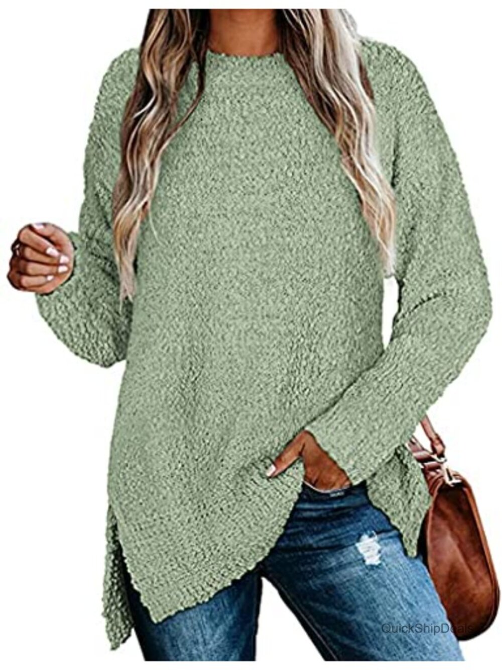 Women's Long Sleeve Fuzzy Knitted Sweater Tunic Pullover Crew Neck